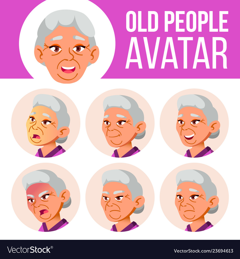 Asian old woman avatar set face emotions