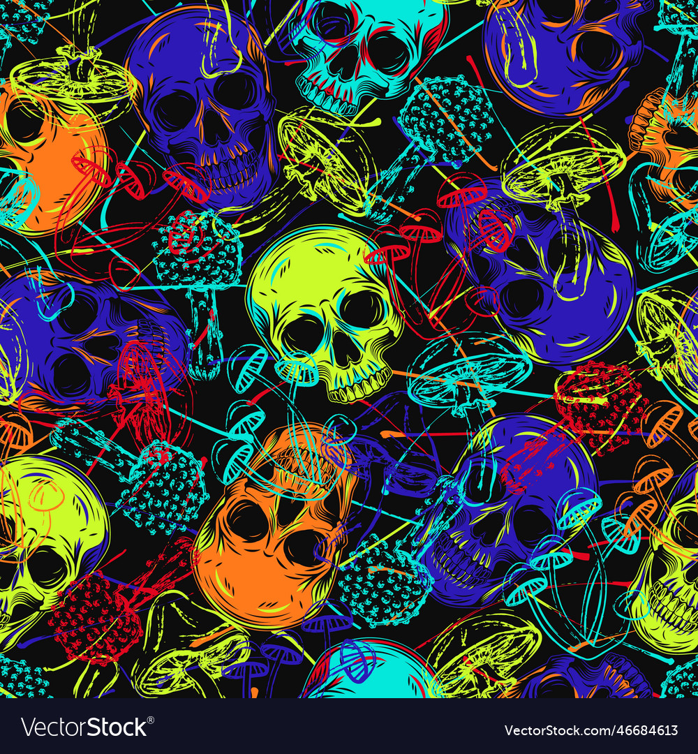 Psychedelic pattern with human skulls mushrooms Vector Image