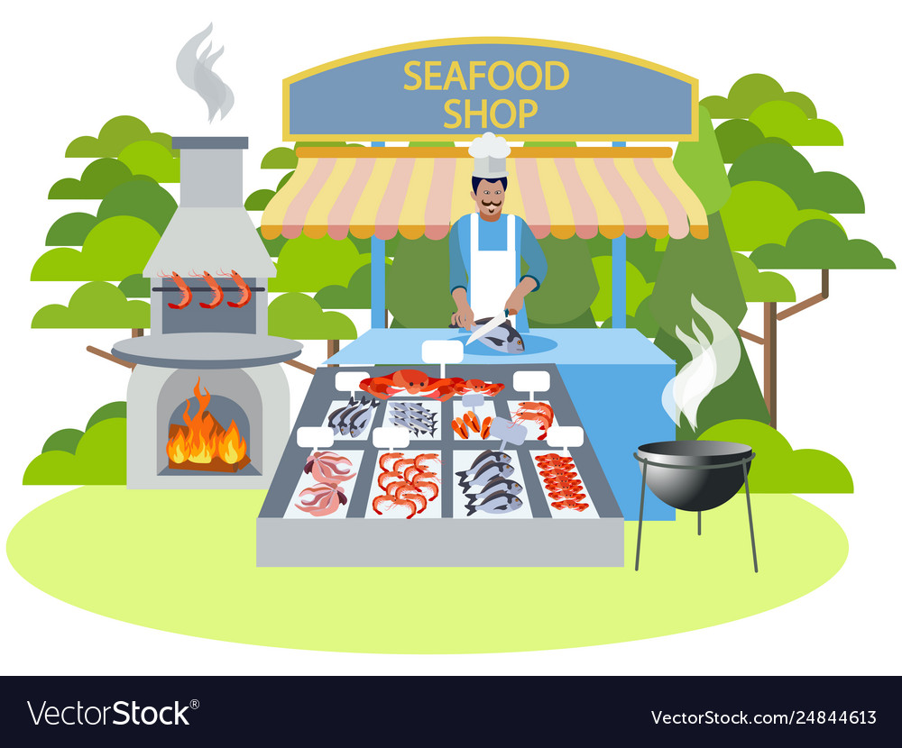 Seafood shop food in minimalist style cartoon