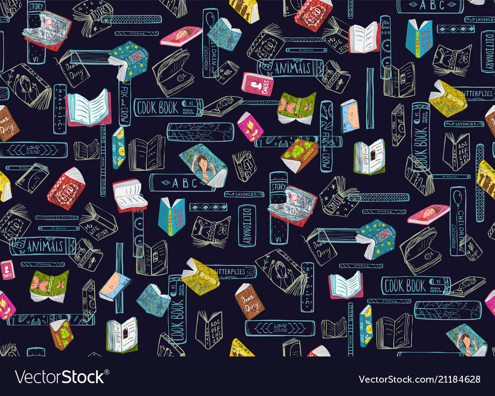 Books library seamless pattern dark background Vector Image