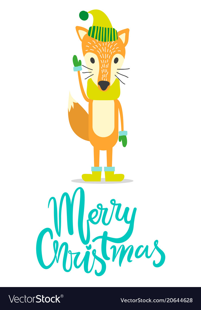 Merry christmas greeting card with fox in warm hat