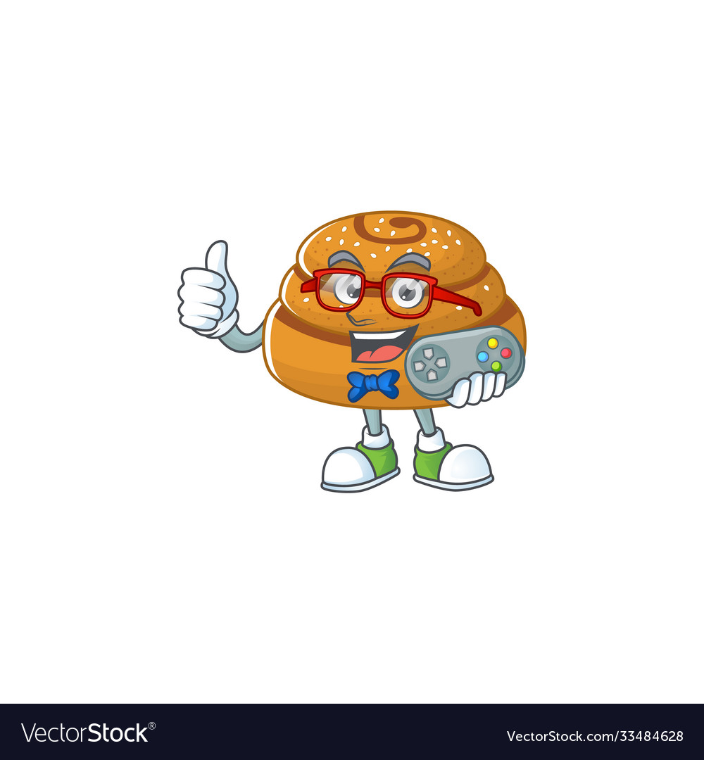 Talented kanelbulle gamer mascot using controller