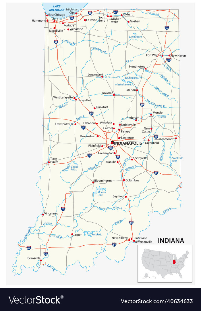 Road map of the us american state of indiana Vector Image