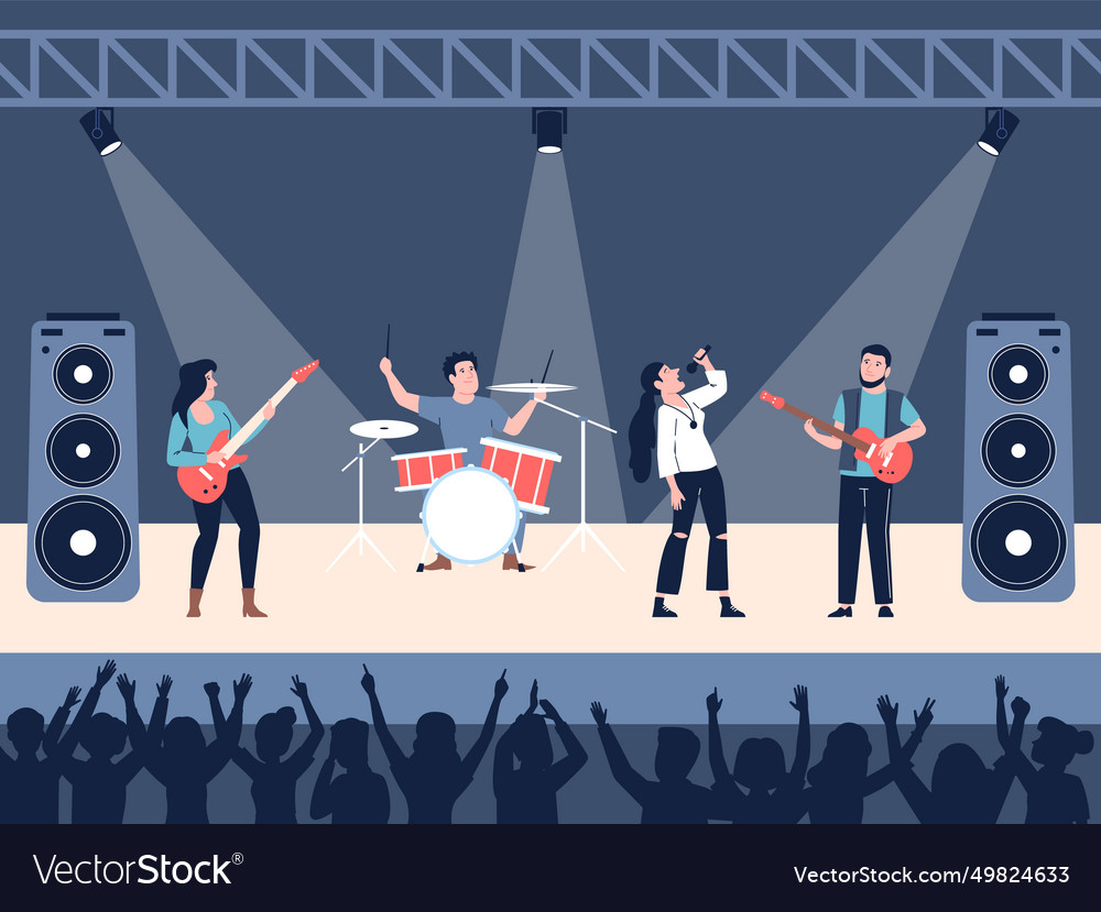 Rock concert young singer and musicians on scene Vector Image