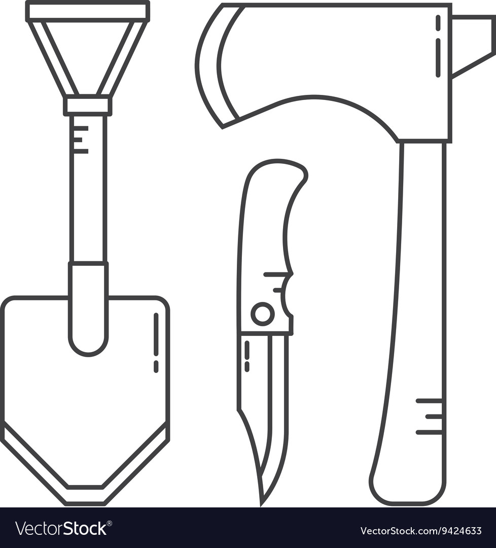 Shovel hatchet axe and tourist knife icon isolated