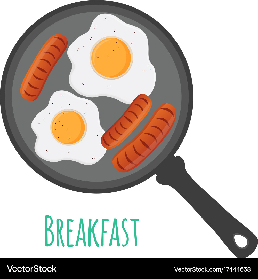 Egg sausages on pan cartoon flat style Royalty Free Vector