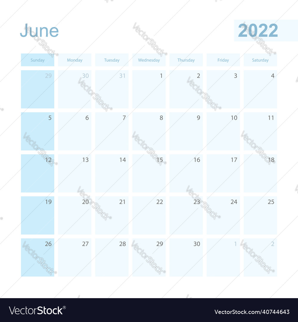 2022 Juni Wandplaner in blau Farbe Woche beginnt