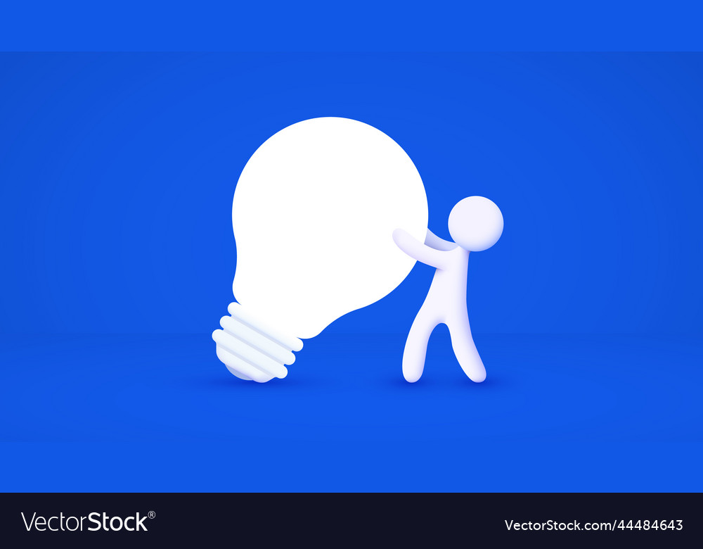 3d white cartoon man holding big light bulb idea