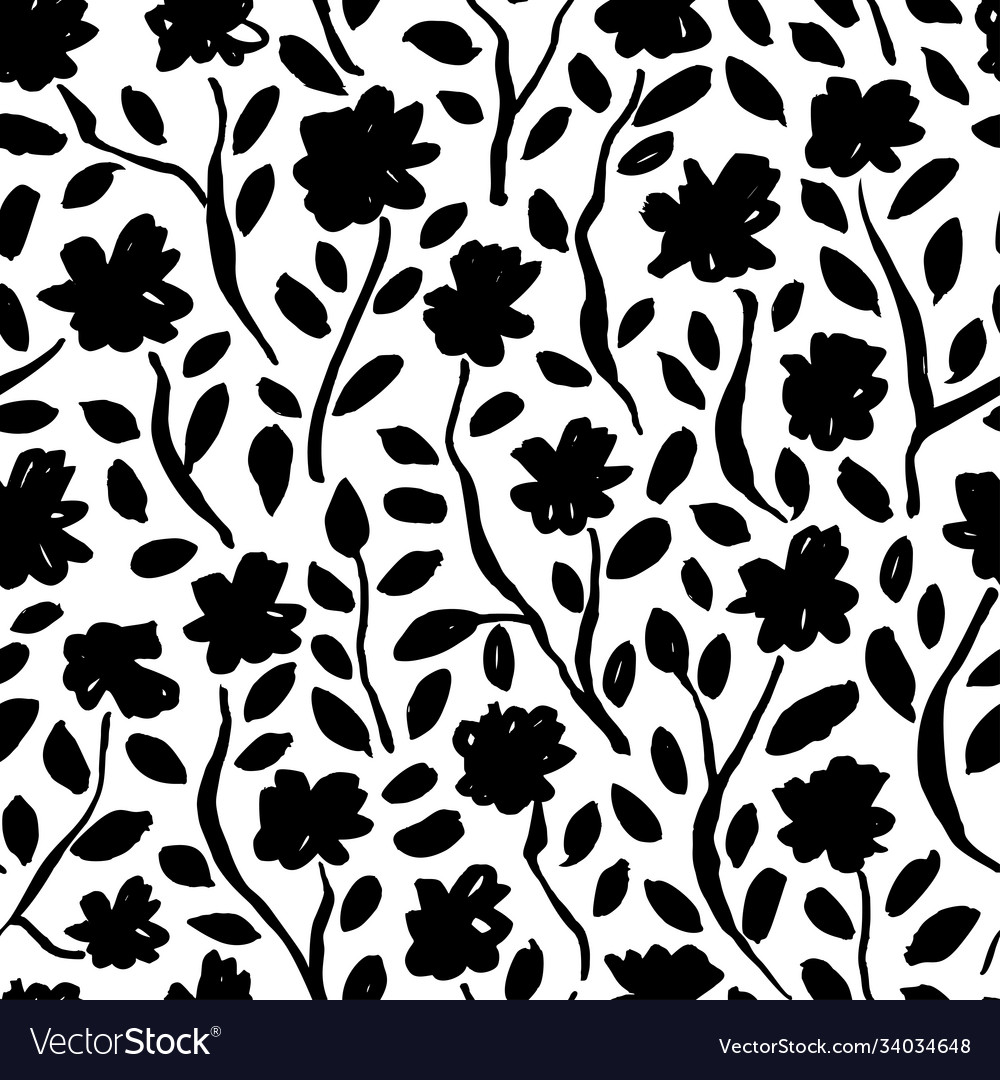 Brush black flowers seamless pattern vector image Brush black flowers seamless pattern