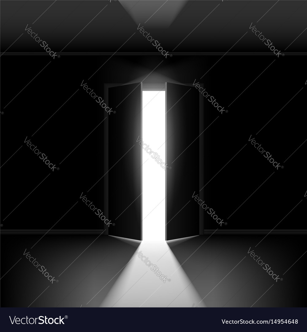 Exit door with light on black empty background