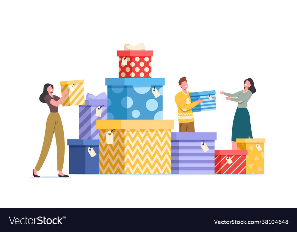 Happy people with gift boxes wrapped festive vector image Happy people with gift boxes wrapped festive