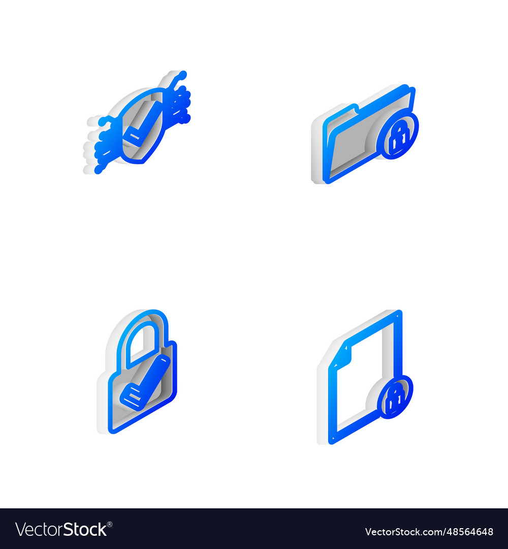 Set isometric line folder and lock cyber security vector image Set isometric line folder and lock cyber security
