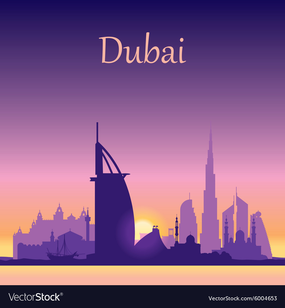 Dubai skyline silhouette on sunset background Vector Image