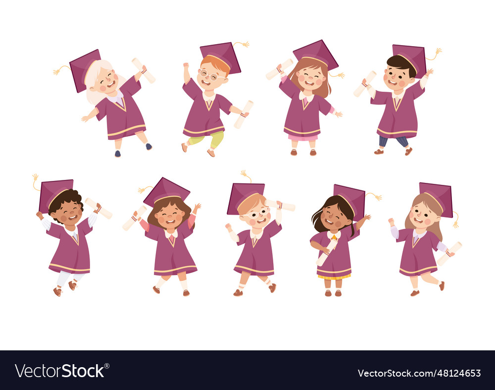 Kids graduating wear purple gown and graduation