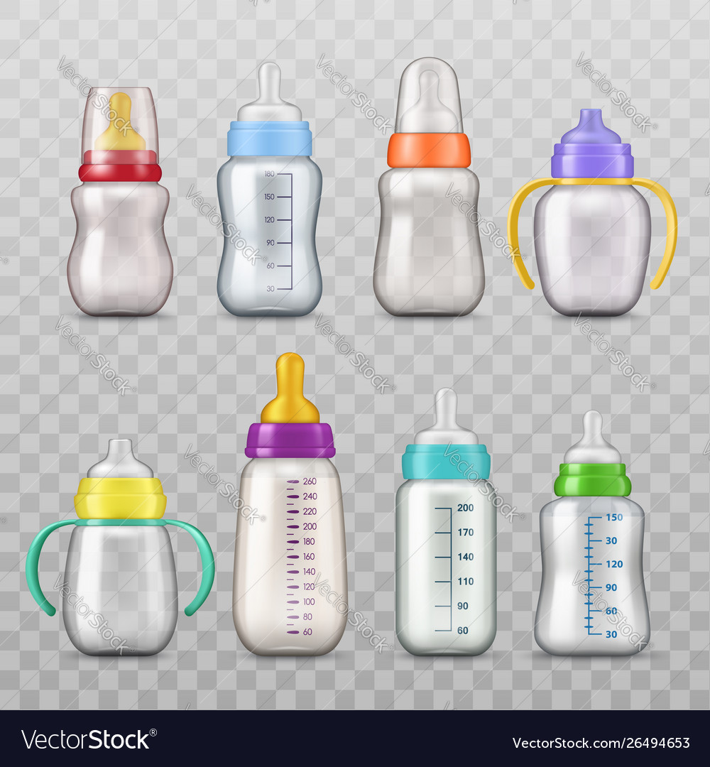 Milk bottles with pacifiers mockups isolated icons