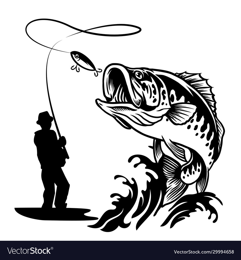 Fisherman catching big bass fish in black and Vector Image