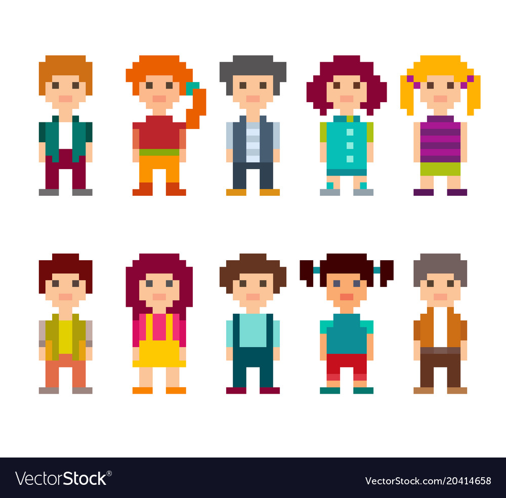 Set Of Different Pixel Art 8-bit People Characters