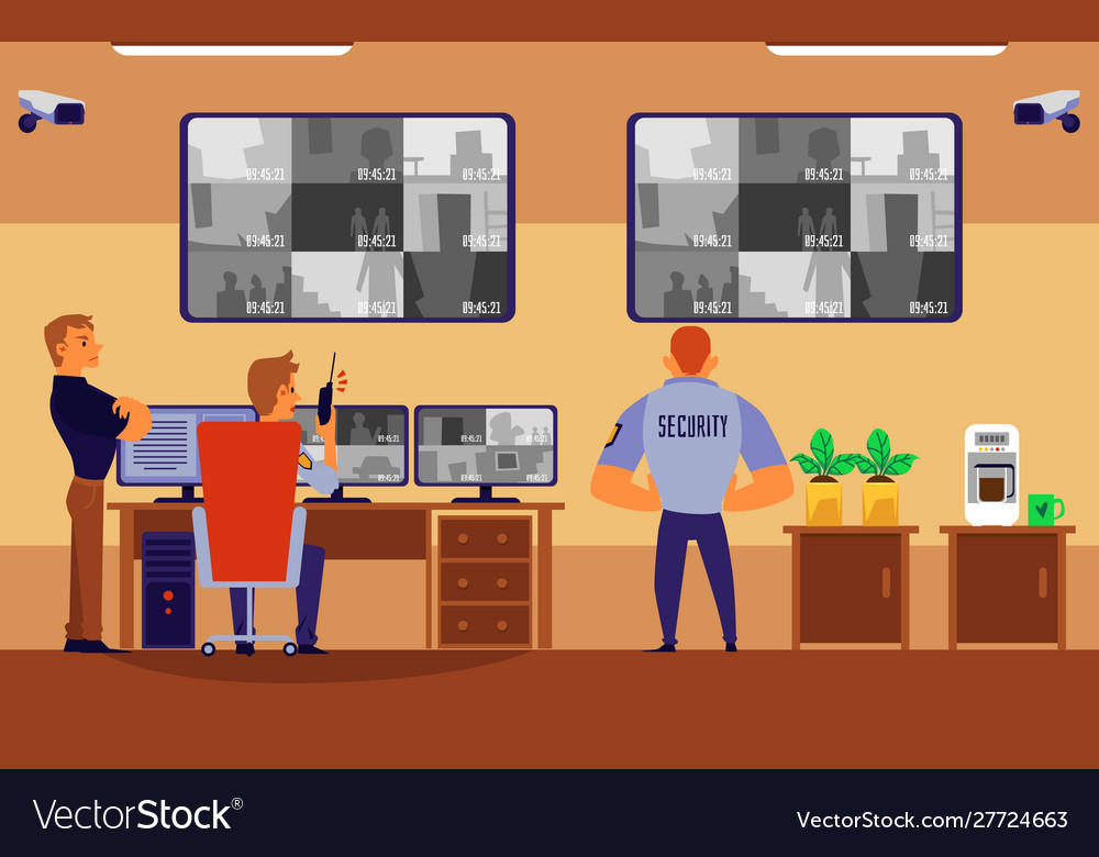 Guard people in uniform working in security room Vector Image