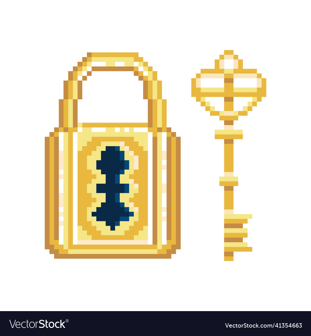 Pixel art lock and key in 8 bit game style