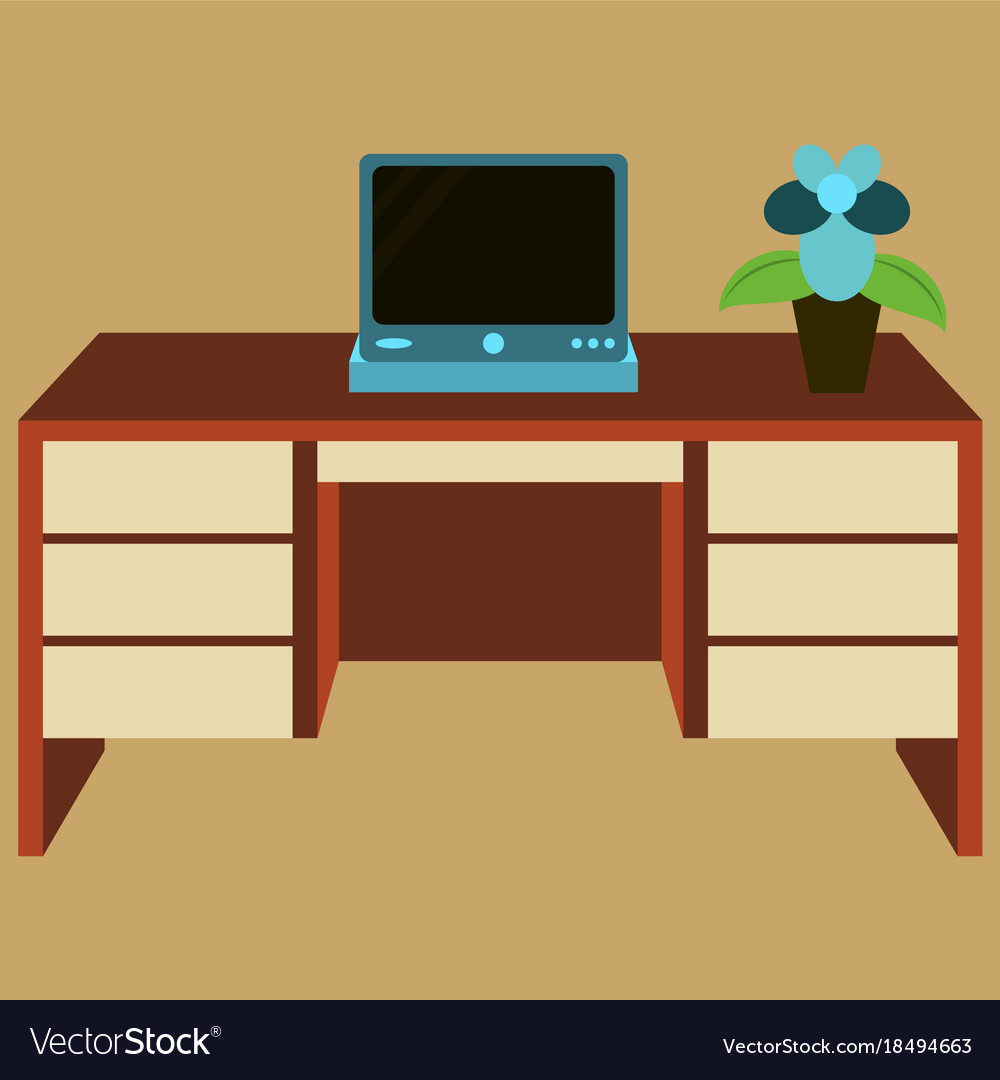 Workplace Desk Computer Plant Top Angle View Flat Vector Image