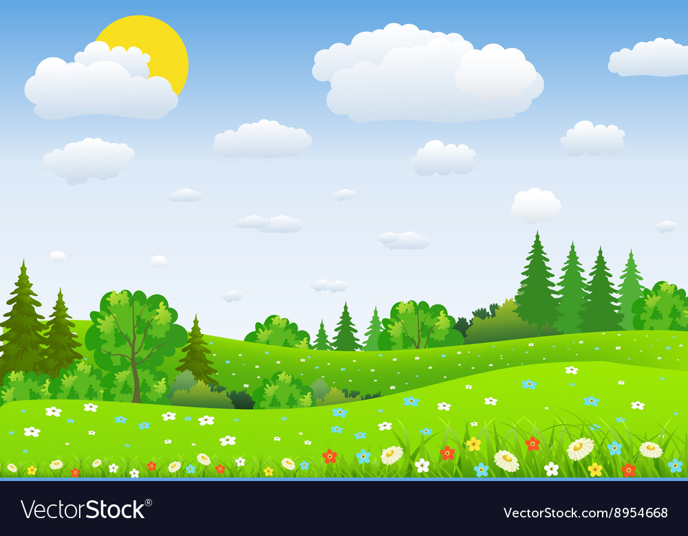 Green landscape with trees clouds flowers