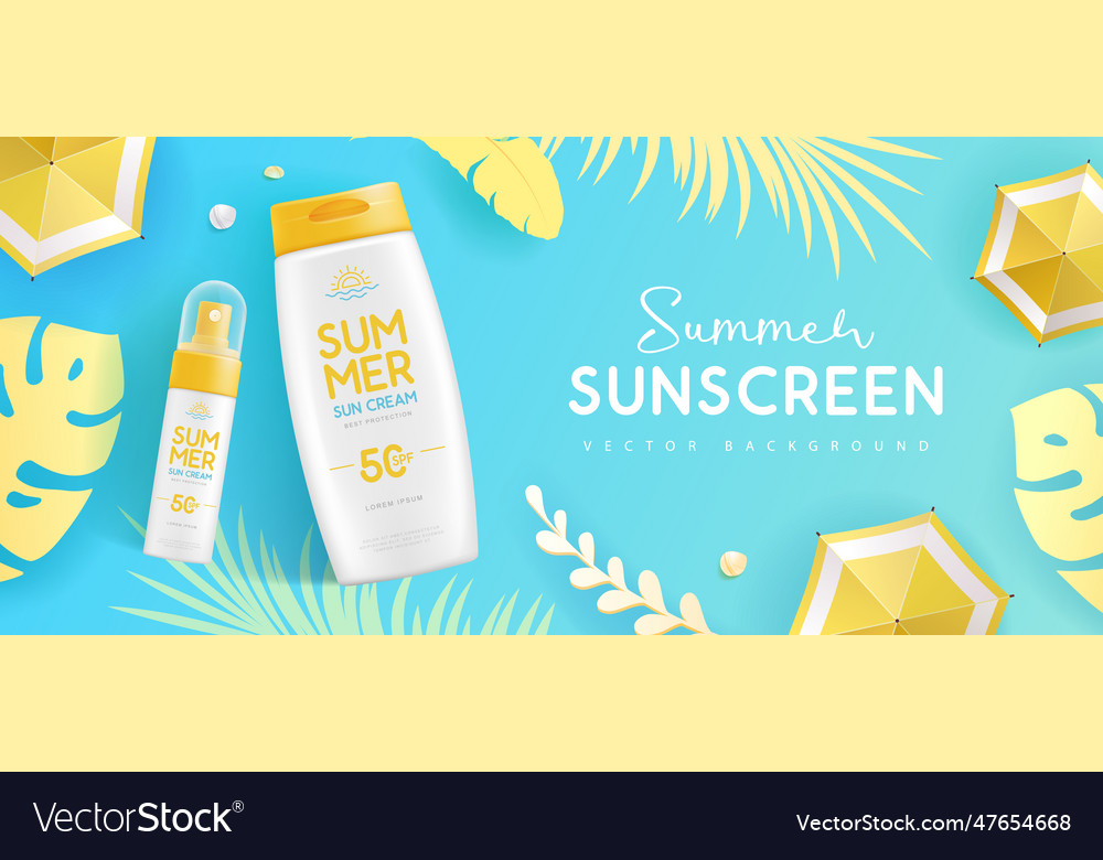 Top view summer background with 3d sunscreen tubes