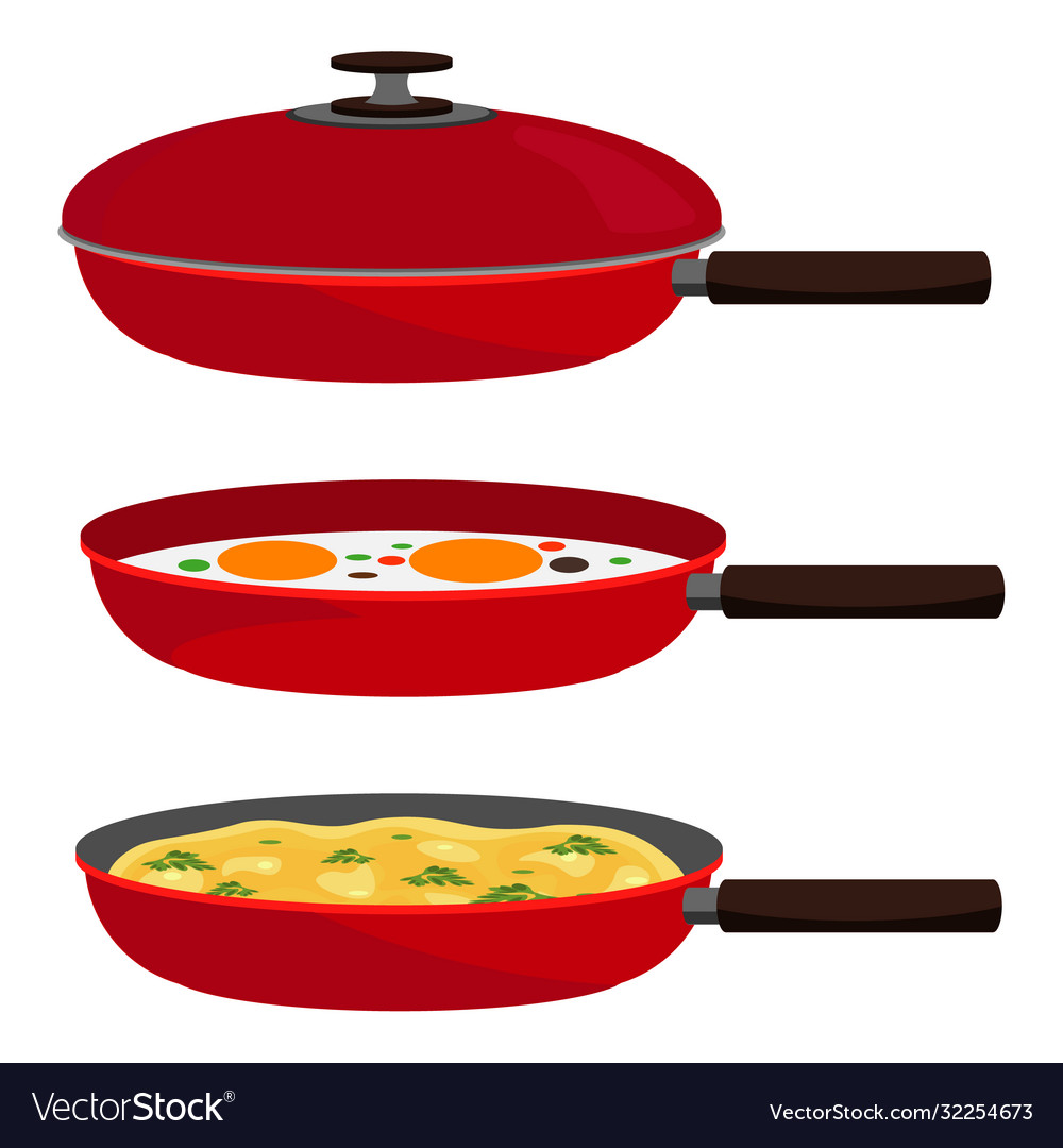 A set pans kitchen with fried eggs