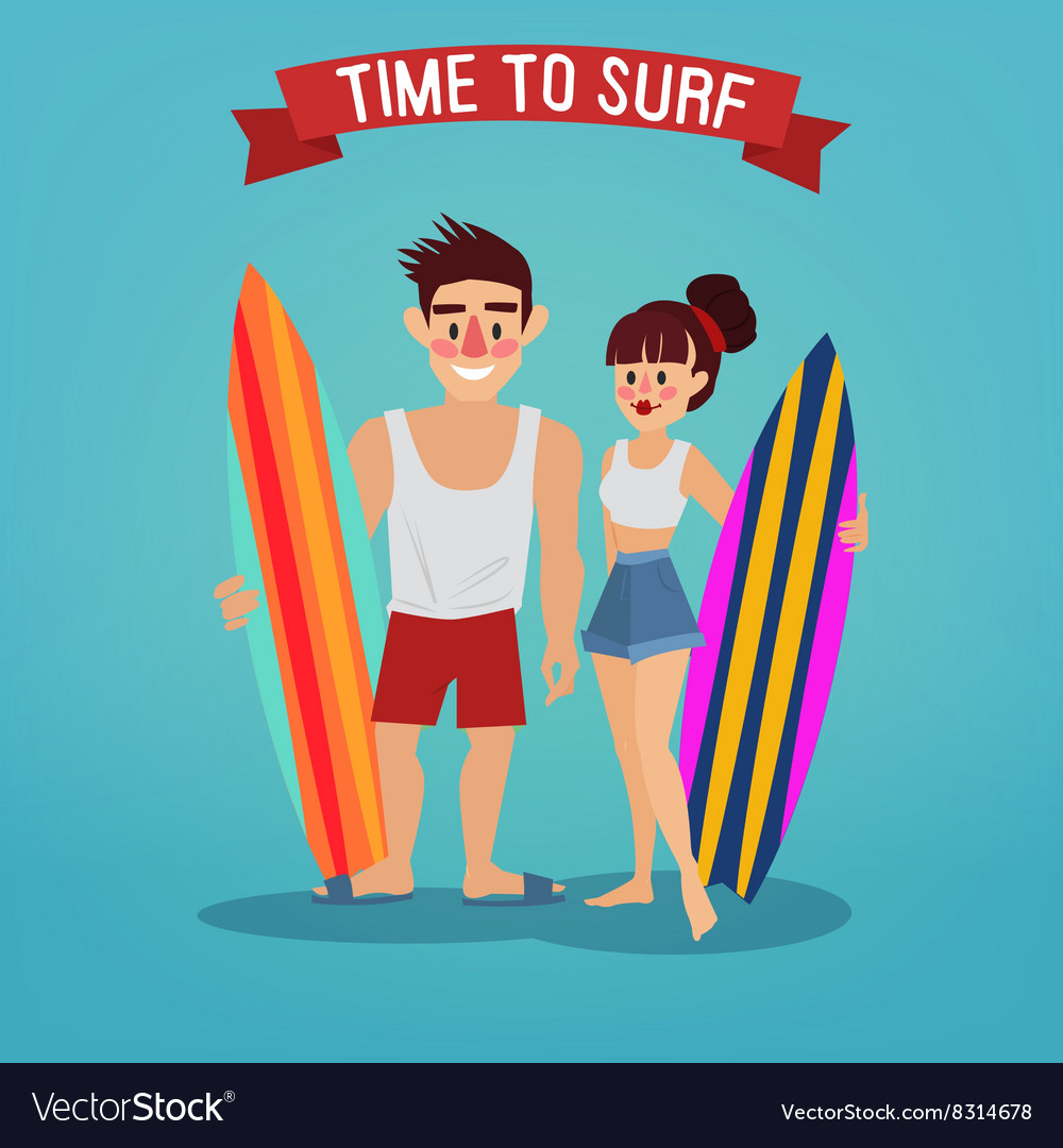 Man and woman with surf time to travel