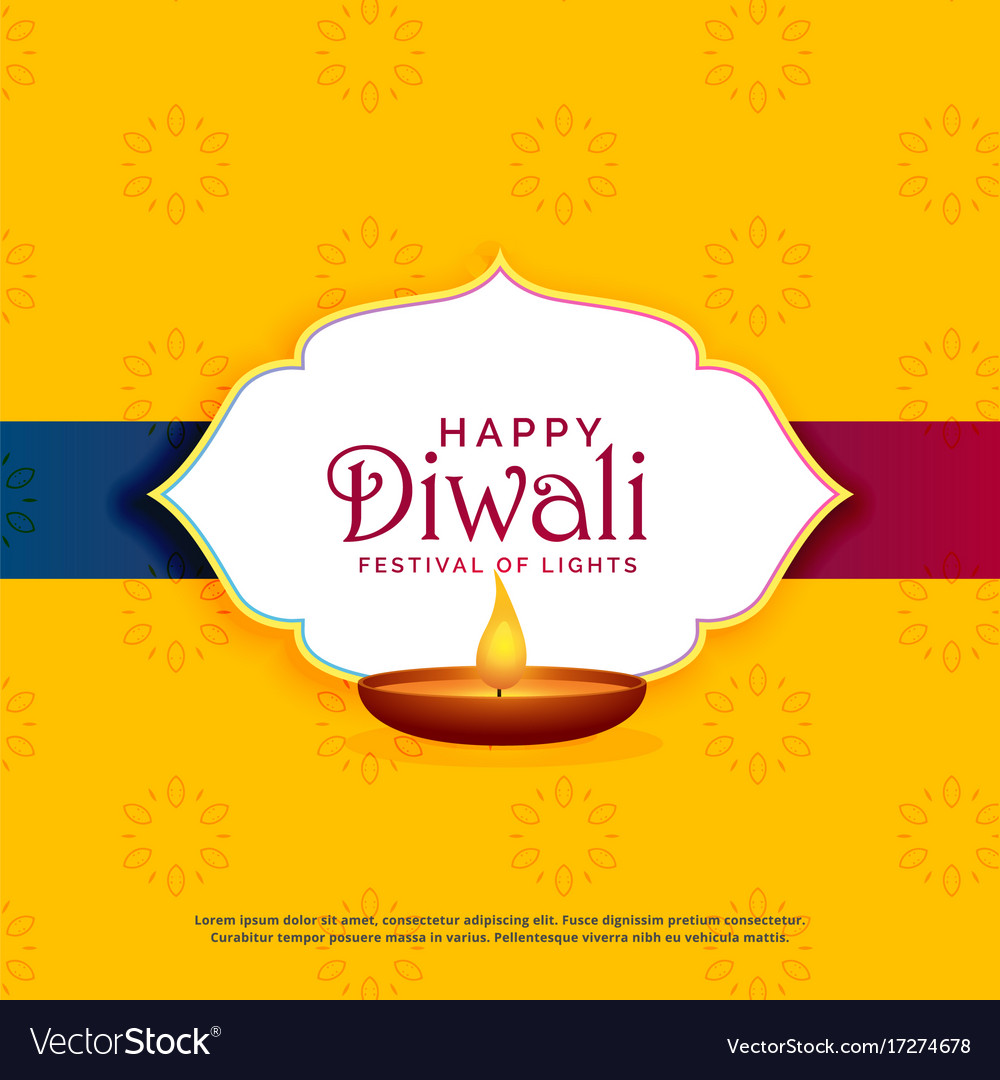 Yellow happy diwali greeting card design with diya