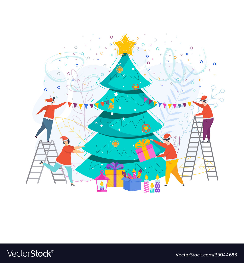 A group people decorate christmas tree Royalty Free Vector