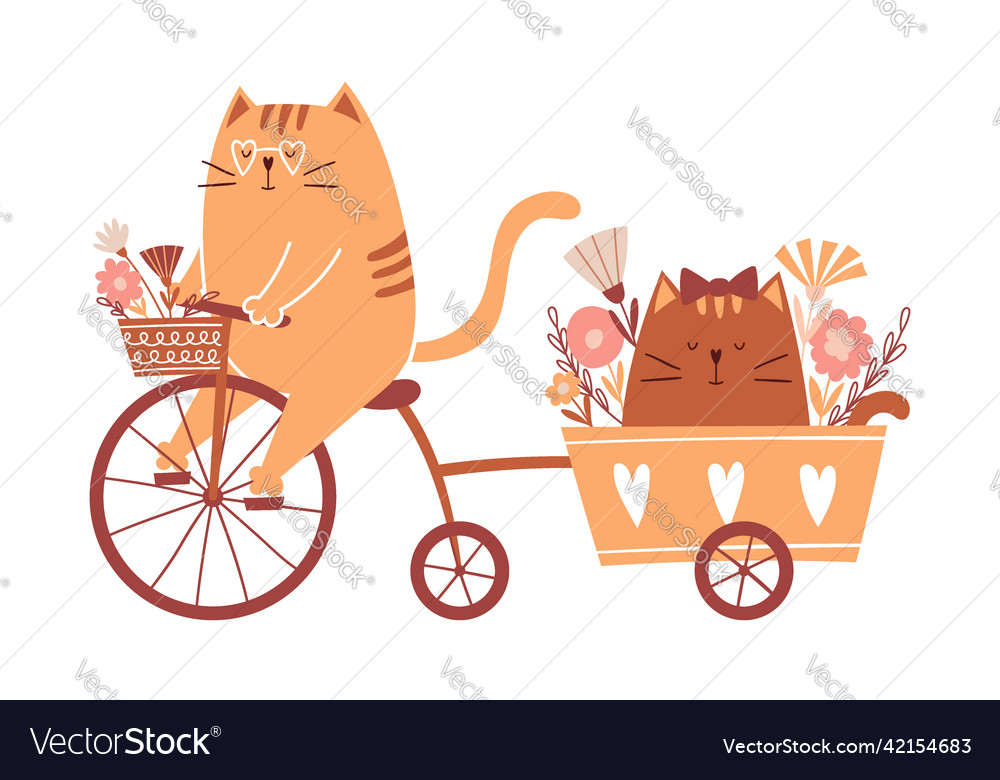 Cute cartoon cat rides a bicycle and carries