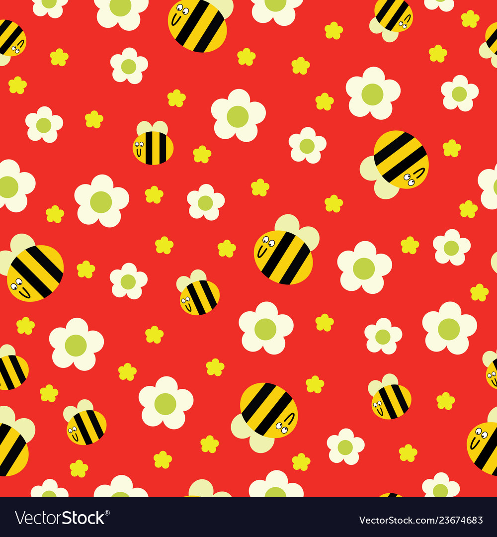 Funny bee with yellow flower and stars seamless