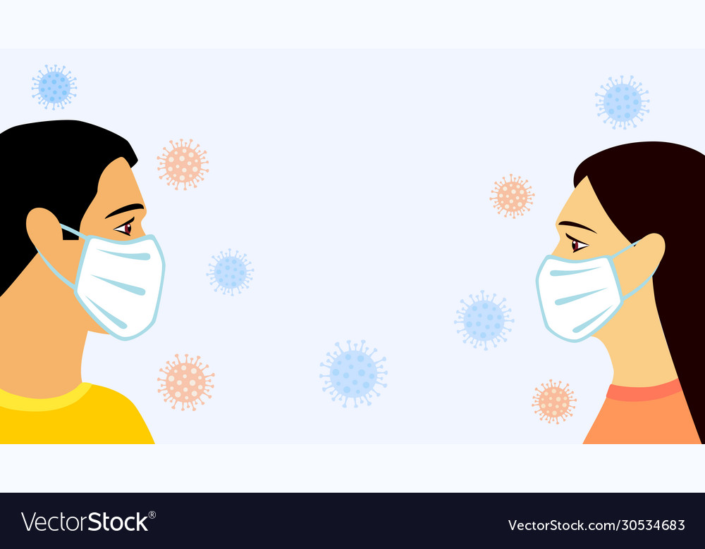 Social distancing men women in medical mask