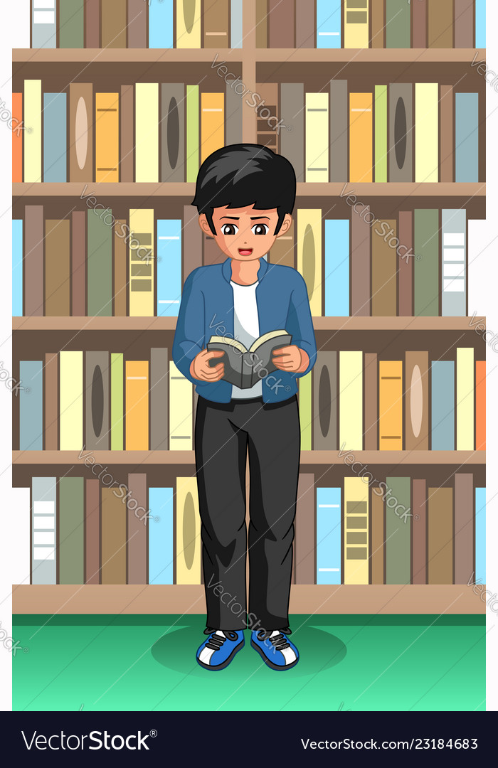 Student boy reading in the library Royalty Free Vector Image