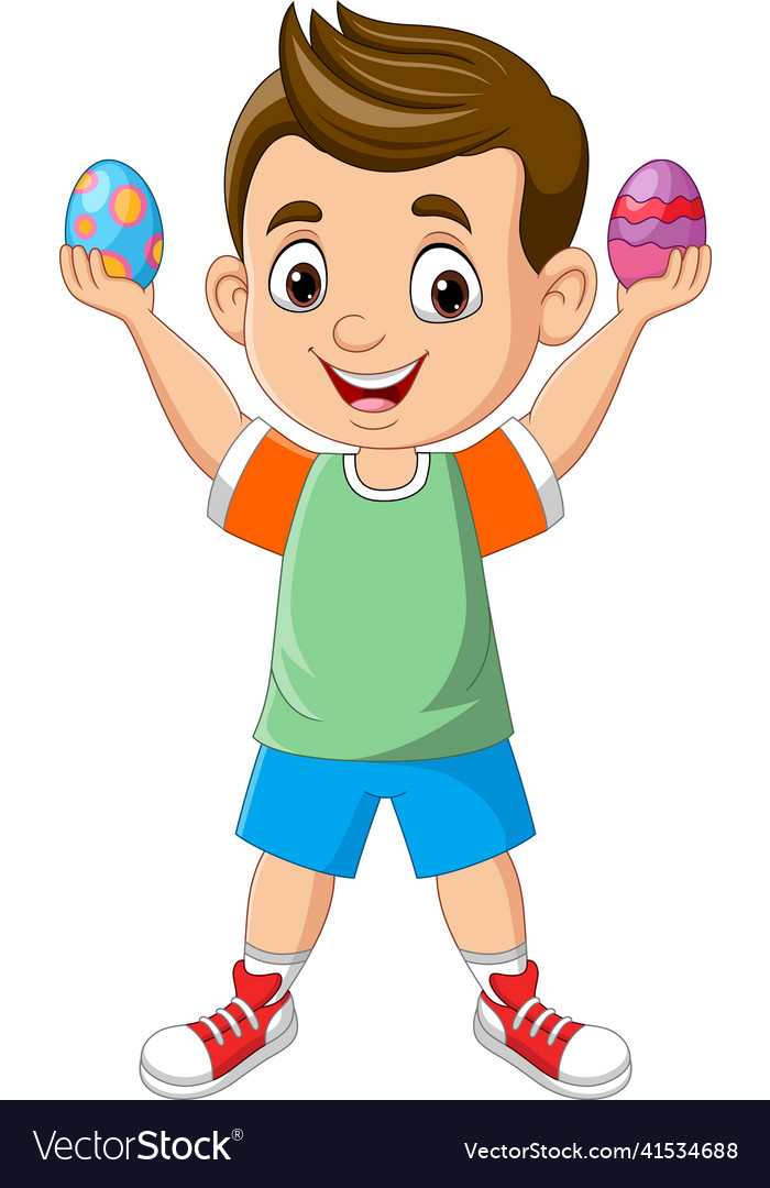 Cartoon kleiner Junge mit zwei Ostereiern in der Hand vector image Cartoon kleiner Junge mit zwei Ostereiern in der Hand
