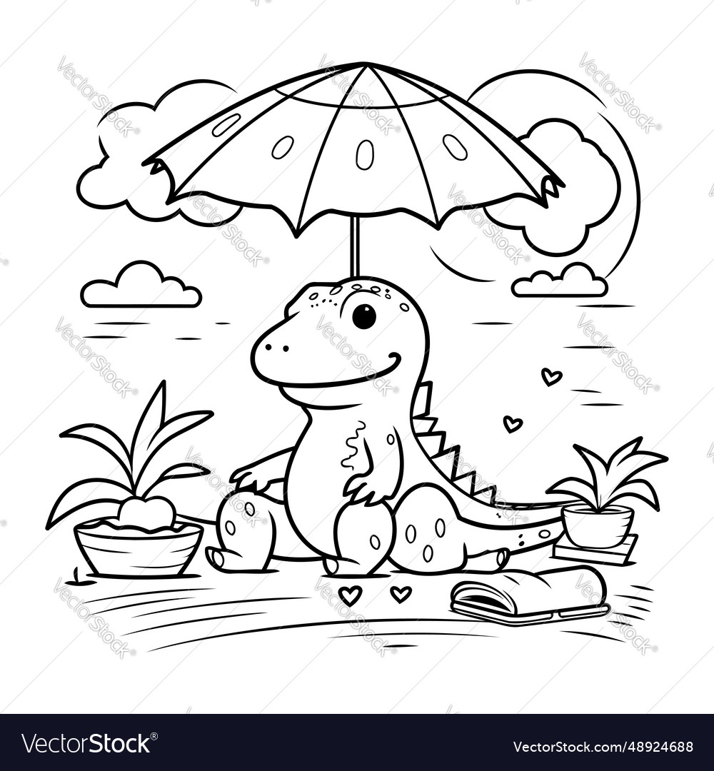 Cute dinosaur with umbrella and plants