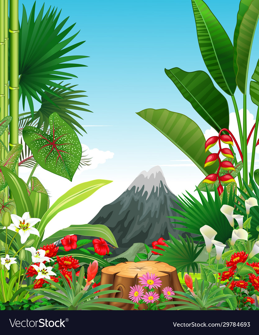 Forest view with tropical plant flower Royalty Free Vector