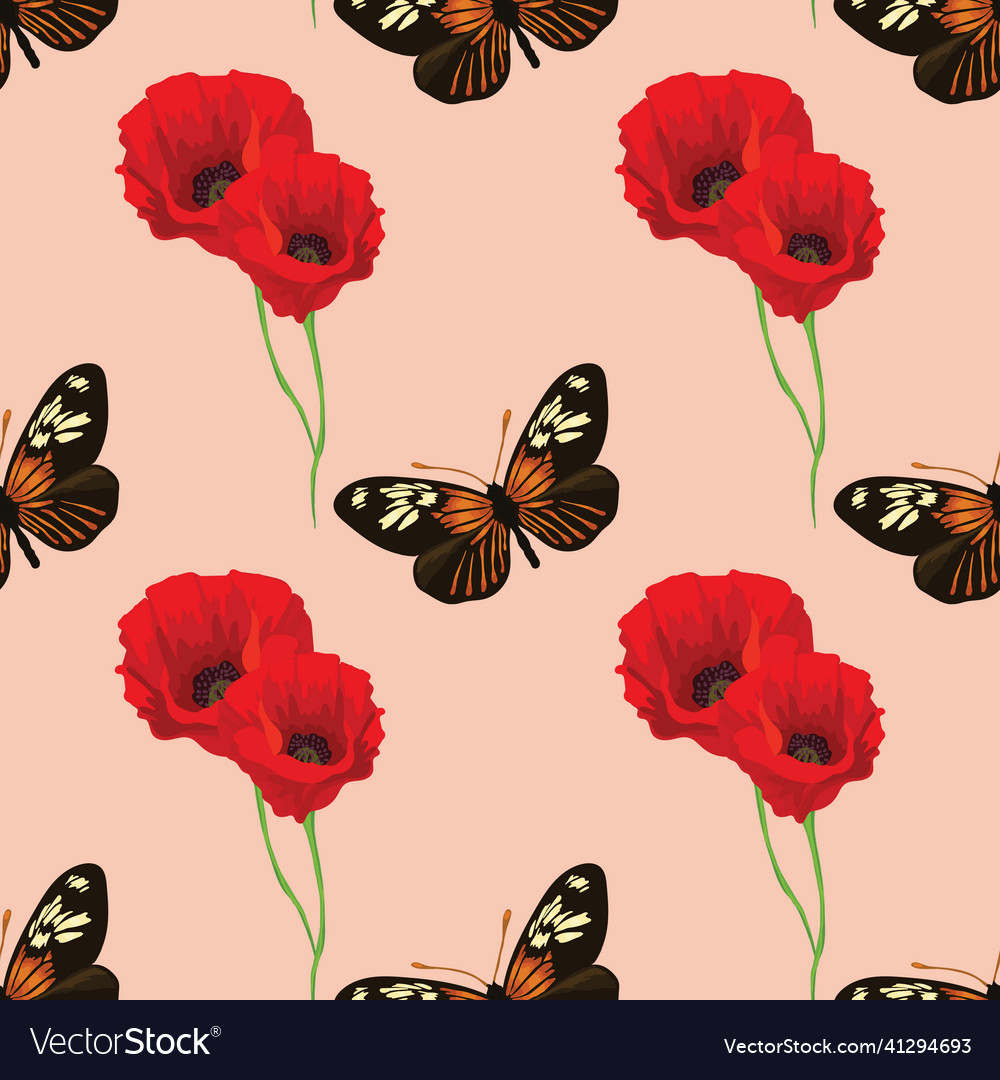 Poppy flower and butterflies seamless Royalty Free Vector