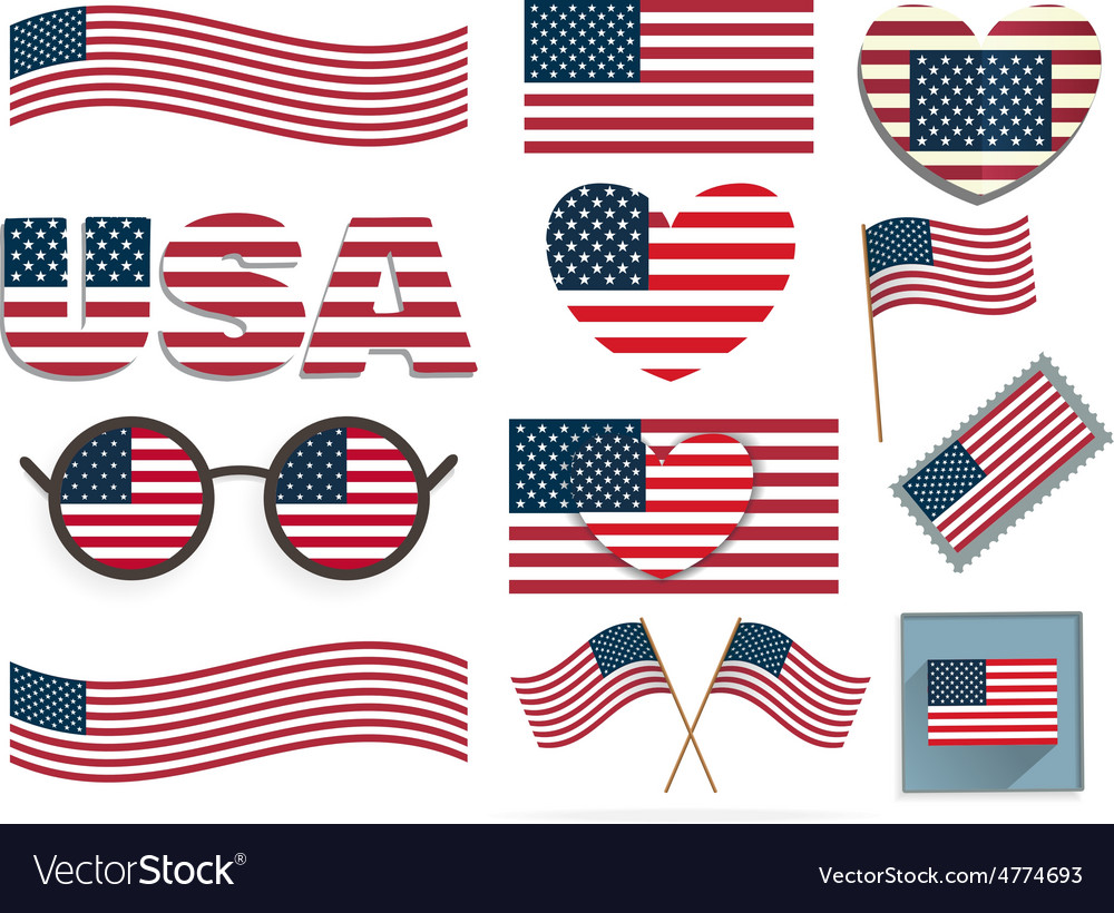 Set of american flags and hearts