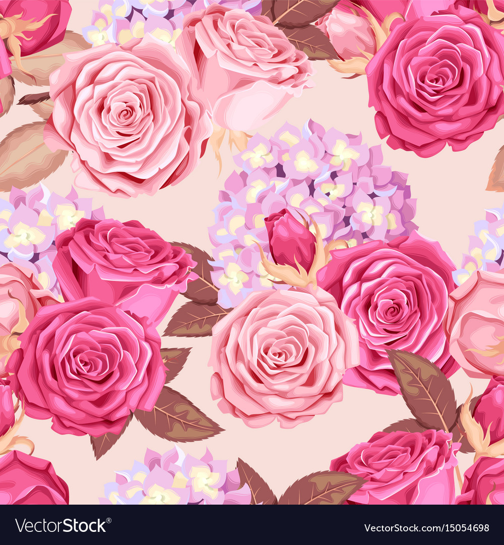 Beautiful roses and hydrangea seamless Royalty Free Vector