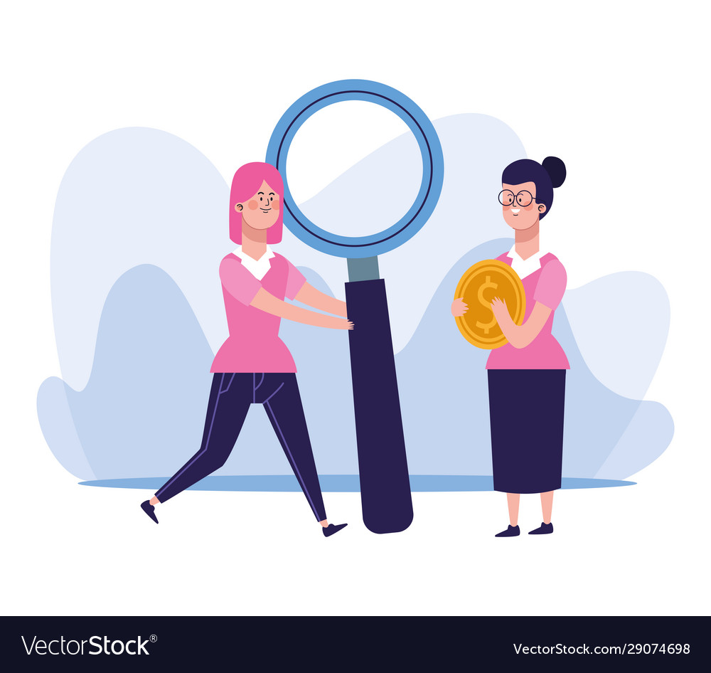 Cartoon woman with big magnifying glass