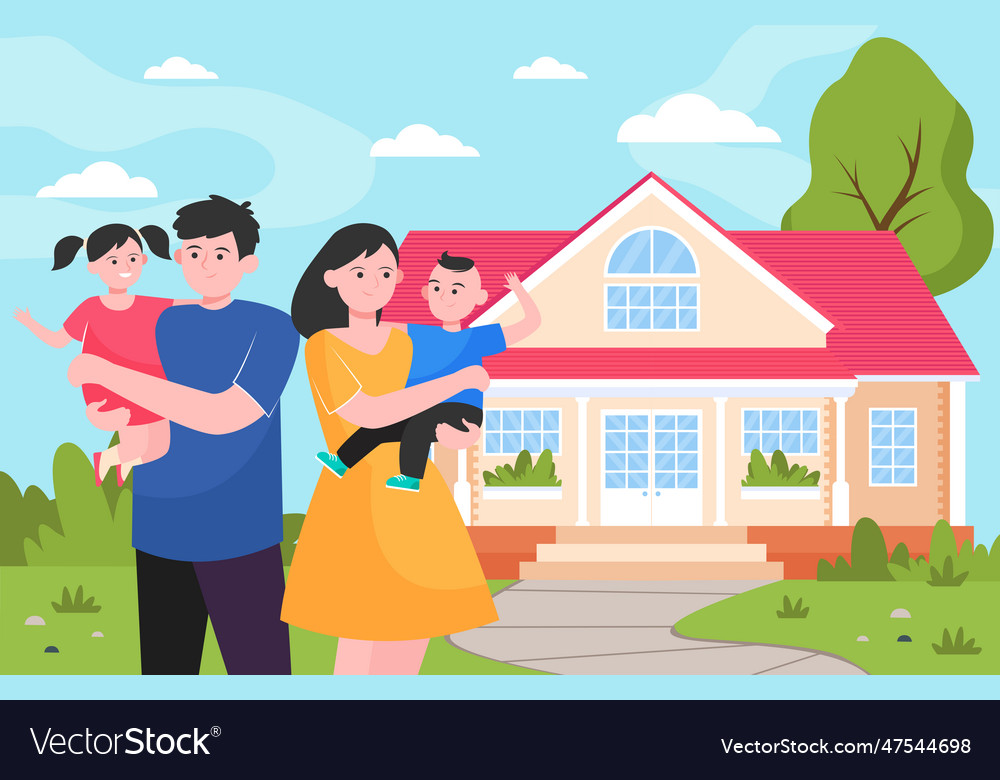 Happy young family standing in front of house Vector Image