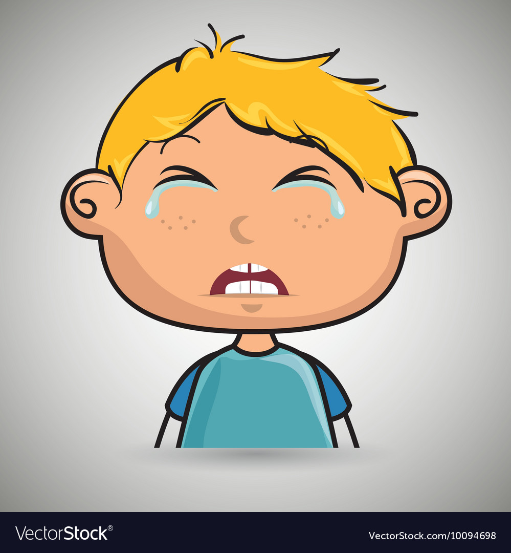 Sad crying cartoon of little boy over white