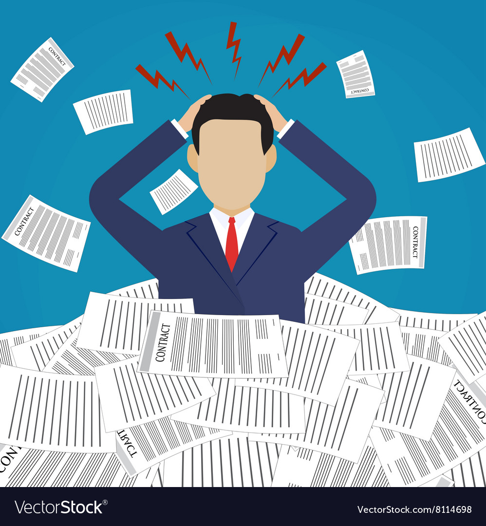 Stressed cartoon businessman in pile of papers Vector Image