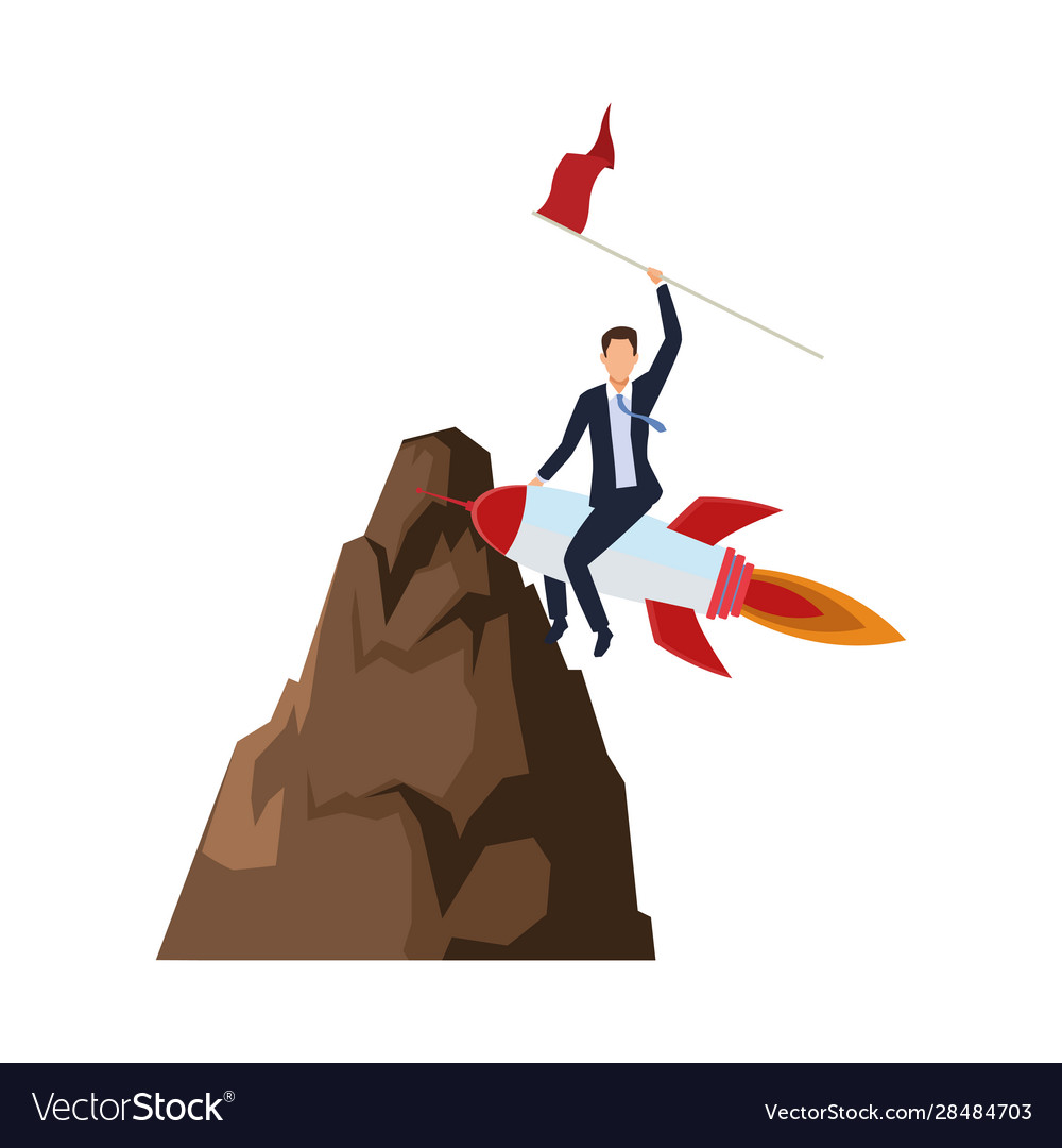 Rocks hill and businessman on rocket colorful vector image Rocks hill and businessman on rocket colorful