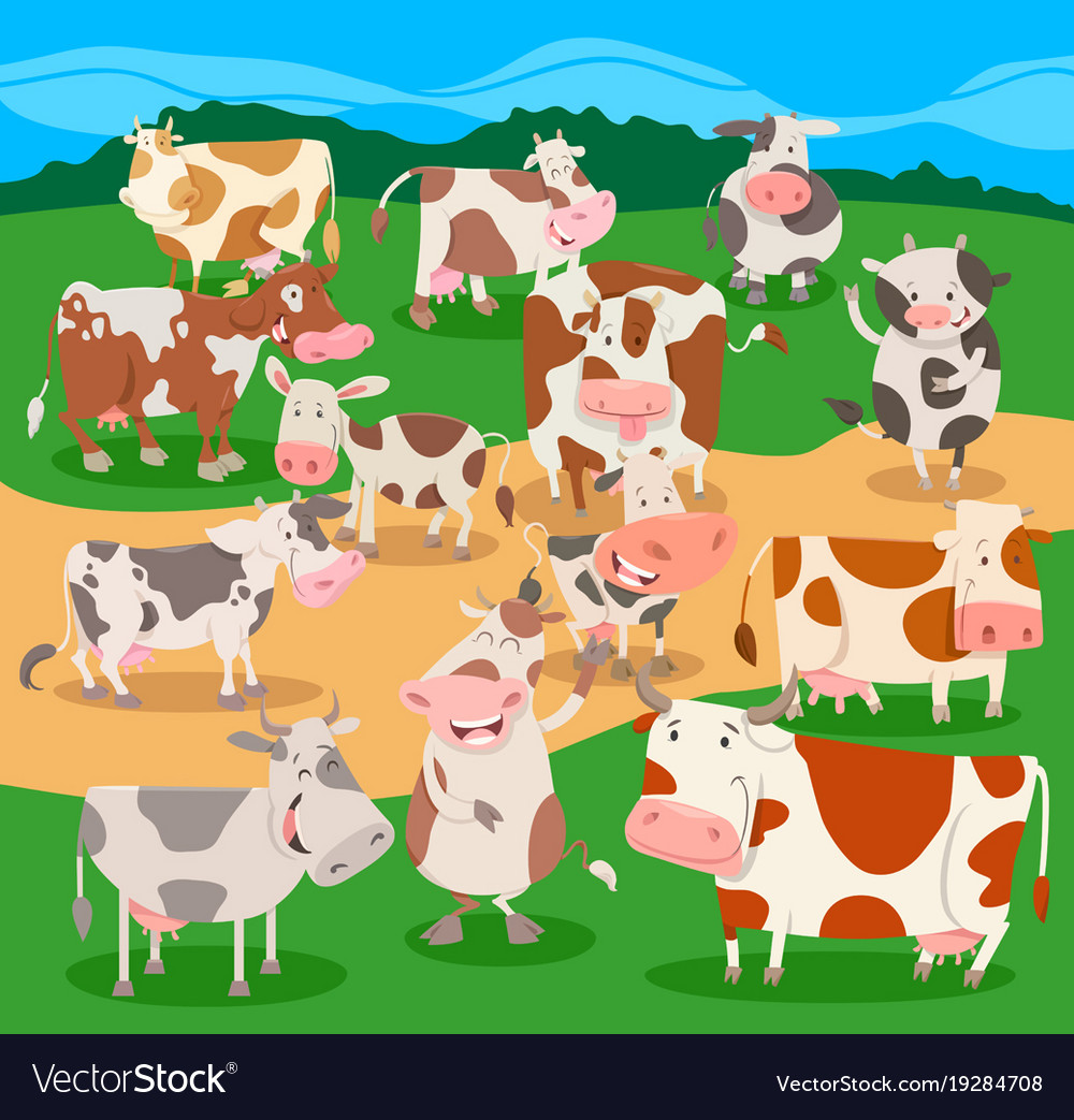 Flock of cows farm animal characters group