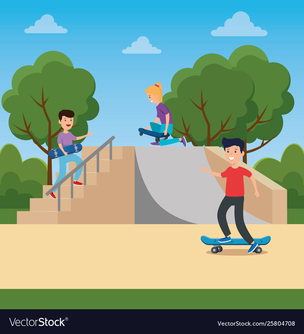 Girl and boy playing skateboard in ramps