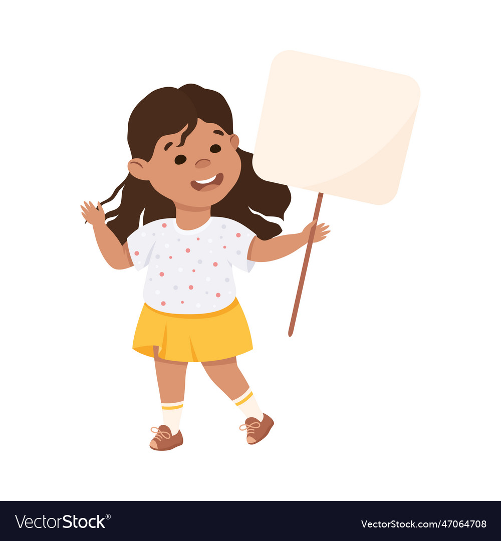 Happy girl holding banner or poster with empty