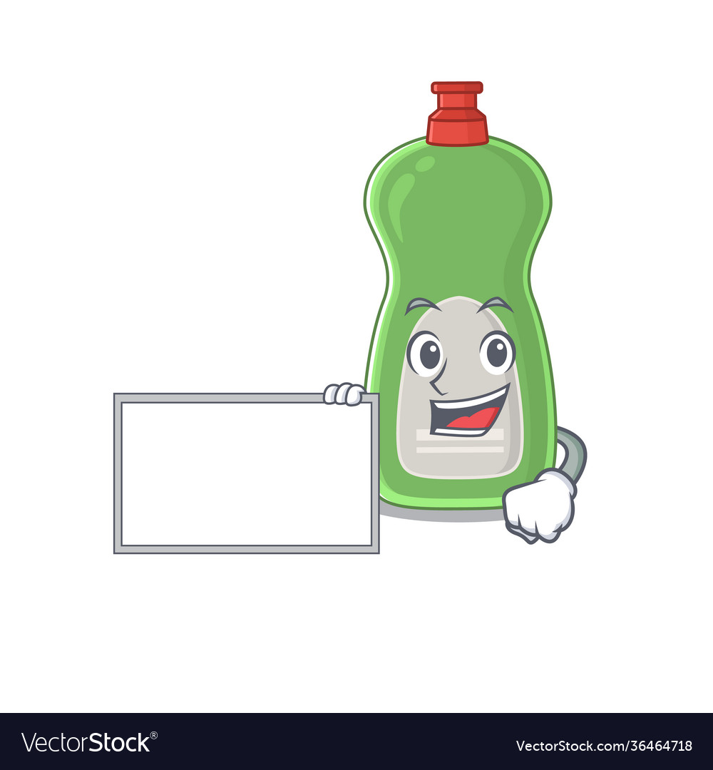 Cartoon dishwashing liquid holding a white board Vector Image