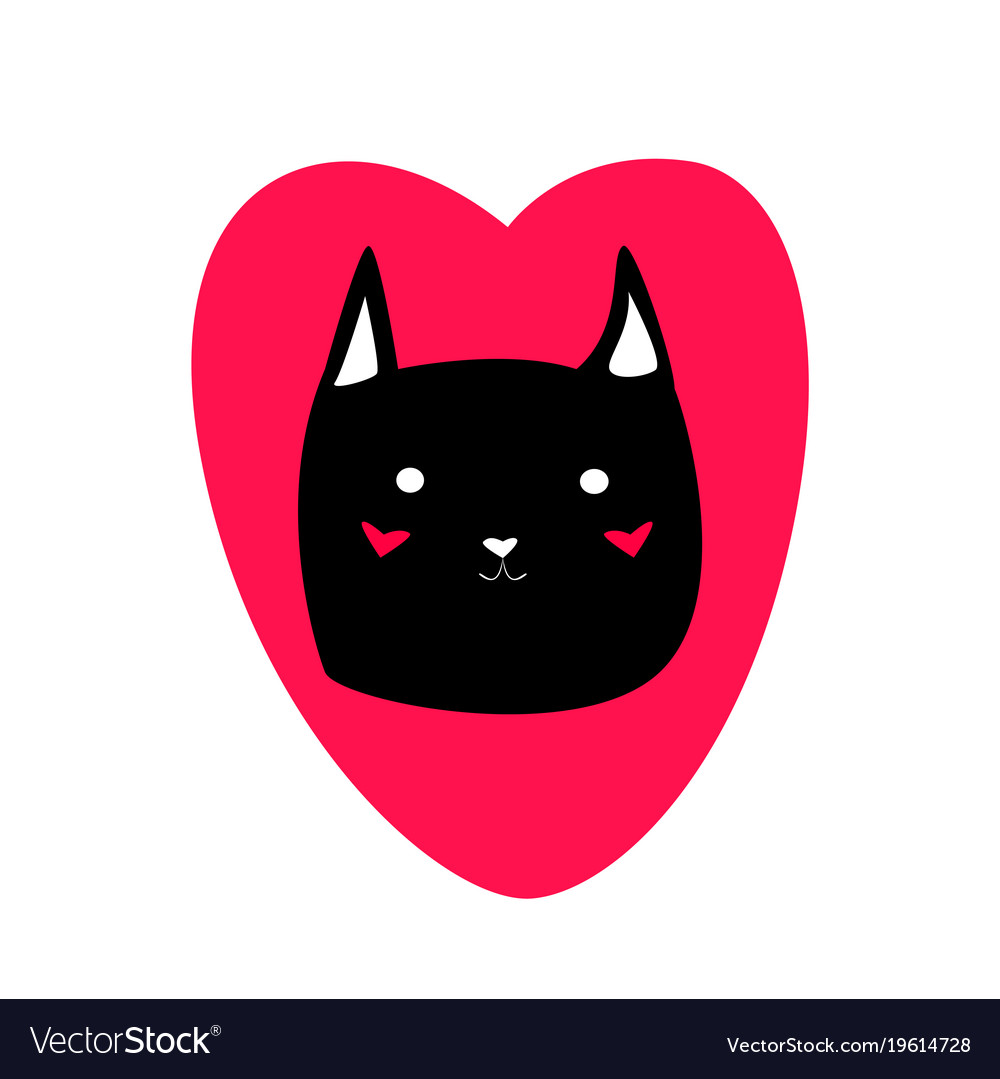 Black cute cartoon style cat in shape of red heart